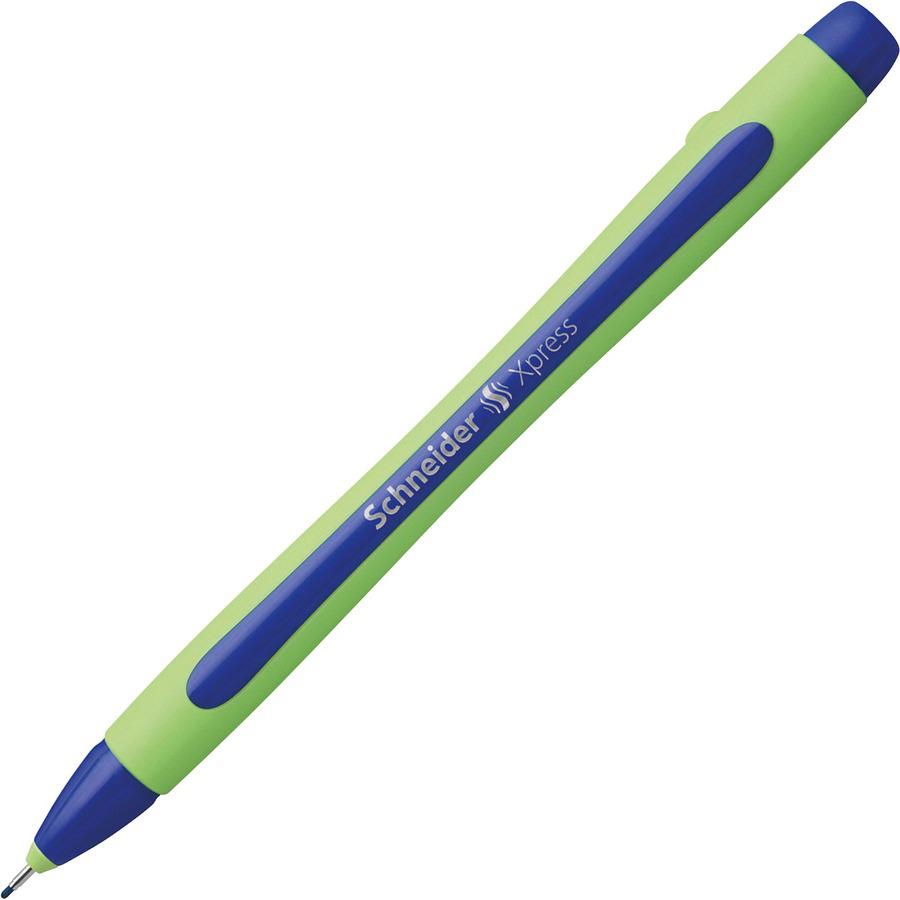 Schneider Xpress Fineliner Pen - Blue Ink - Blue Rubberized, Green Barrel - Stainless Steel Tip - 10 / Pack. Picture 9