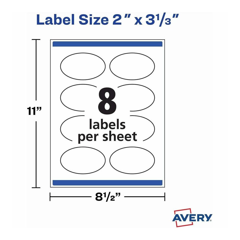 Avery Printable Oval Labels, 2" x 3-1/3" , White, 200 Labels (22570) - x 2" Width x 3 21/64" Length - Permanent Adhesive - Oval - Laser, Inkjet - Matte - White - Paper - 8 / Sheet - 25 Total Sheets - . Picture 6