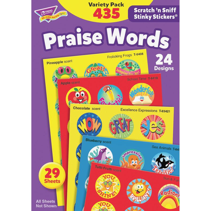 Trend Praise Words Jumbo Stinky Stickers - 432 x Assorted Shape - Self-adhesive - Acid-free, Non-toxic, Photo-safe, Scented - Assorted - Paper - 435 / Pack. Picture 2