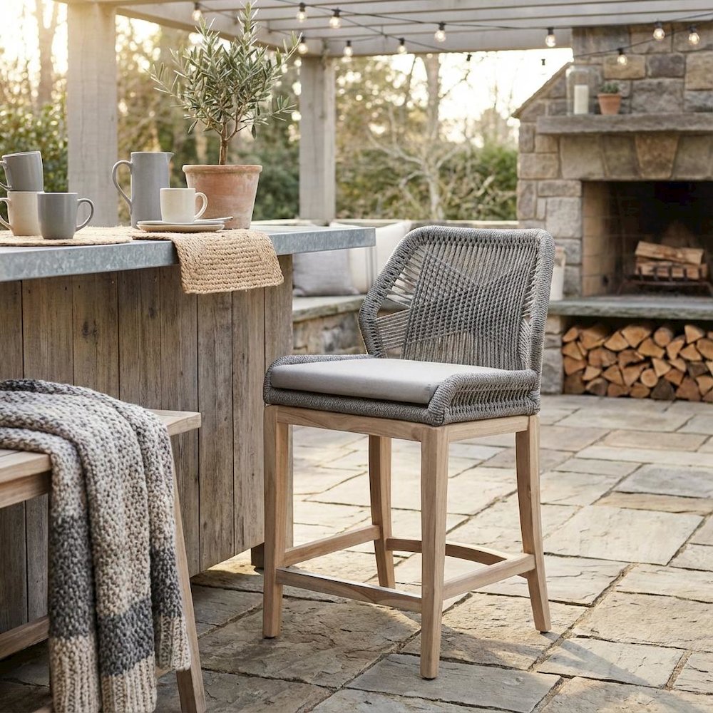 Gray Outdoor Counter Stool, Teak Legs, Aluminum Frame, Rope Weave. Picture 2