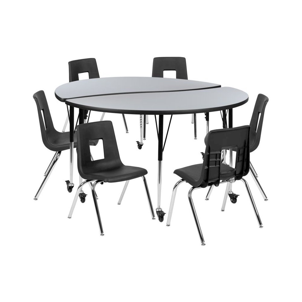 Mobile 60" Circle Wave Flexible Laminate Activity Table Set with 18" Student Stack Chairs, Grey/Black. Picture 1
