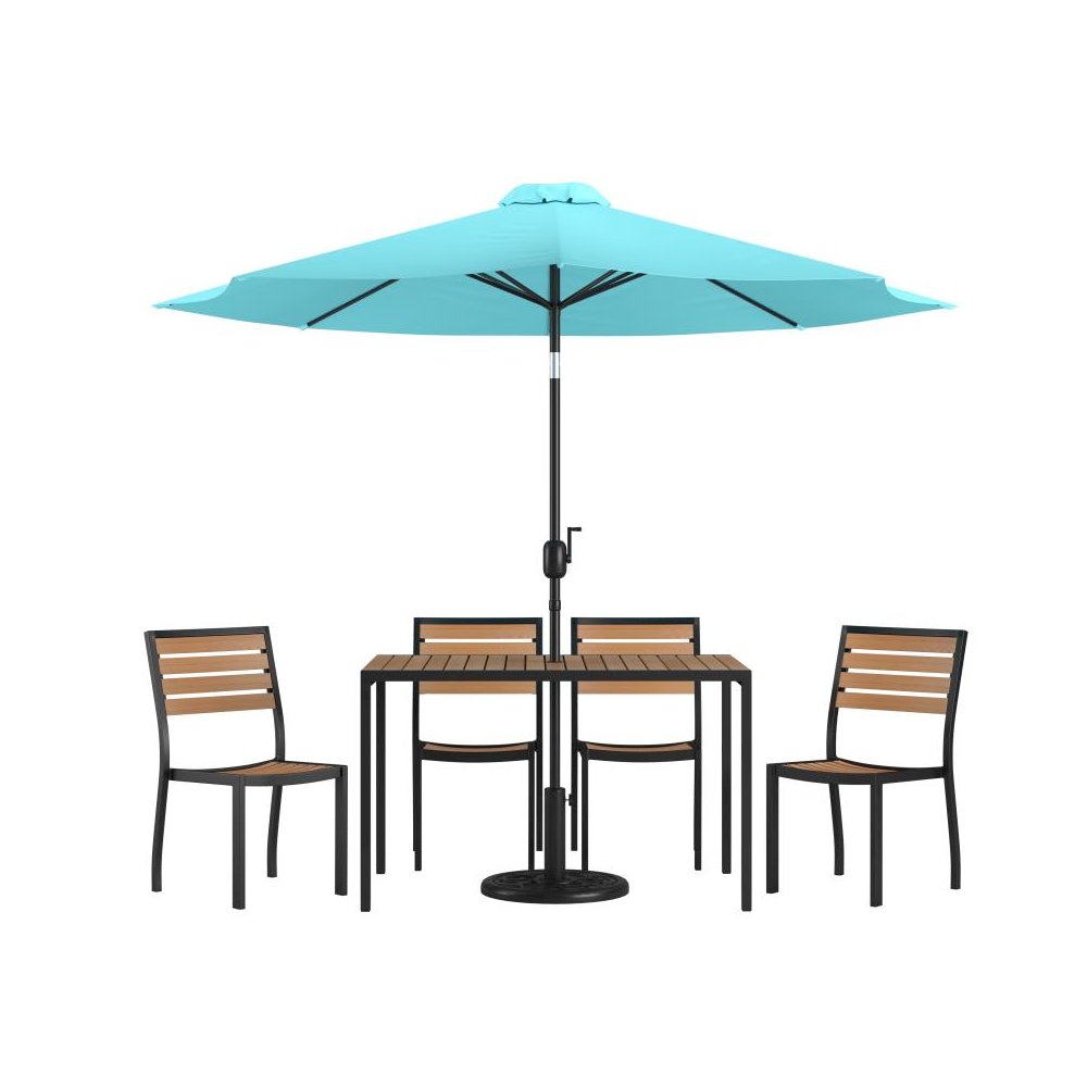 7 Piece Outdoor Patio Dining Table Set with 4 Synthetic Teak Stackable Chairs, 30" x 48" Table, Teal Umbrella & Base. Picture 1