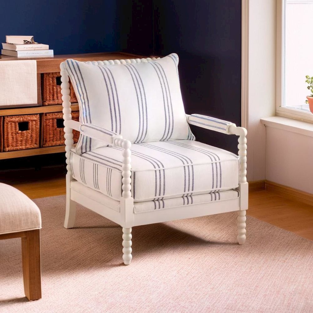 White Upholstered Accent Chair with Navy Spindle Accents for Modern Decor. Picture 5