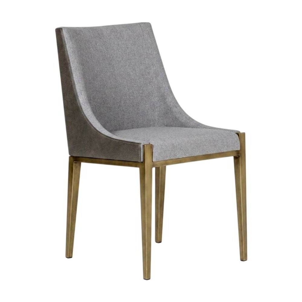 Modern grey and brass dining chair with padded seat and sleek design. Picture 1