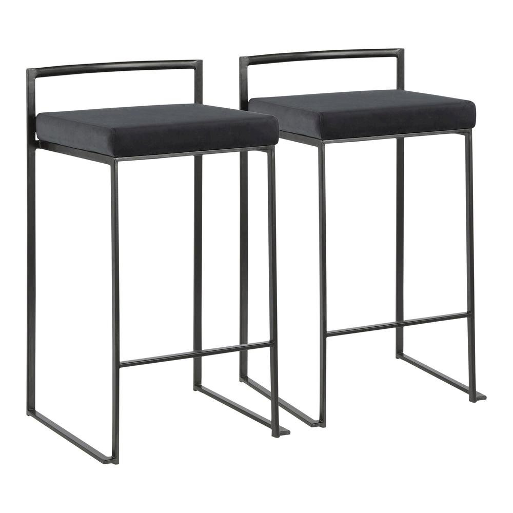 Black contemporary stackable counter stool set with velvet cushions. Picture 1