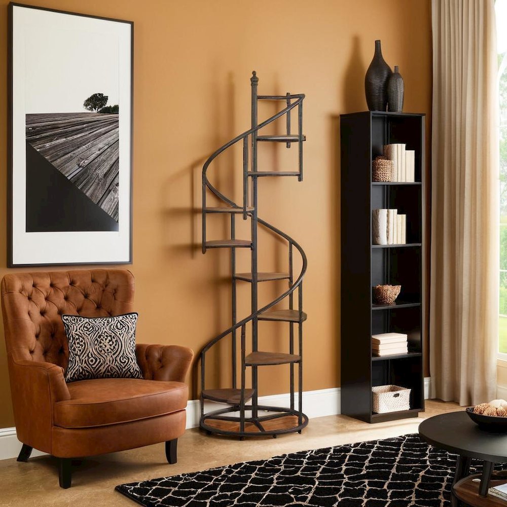 Stylish 8-Shelf Spiral Staircase Bookcase in Rustic Brown and Black Finish. Picture 6