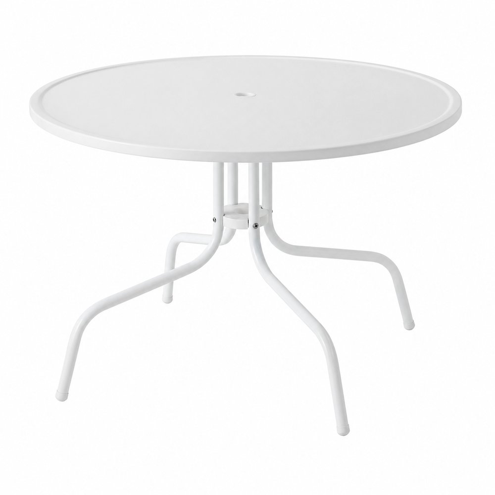 White outdoor dining table with anti-tip hardware and sturdy construction. Picture 1