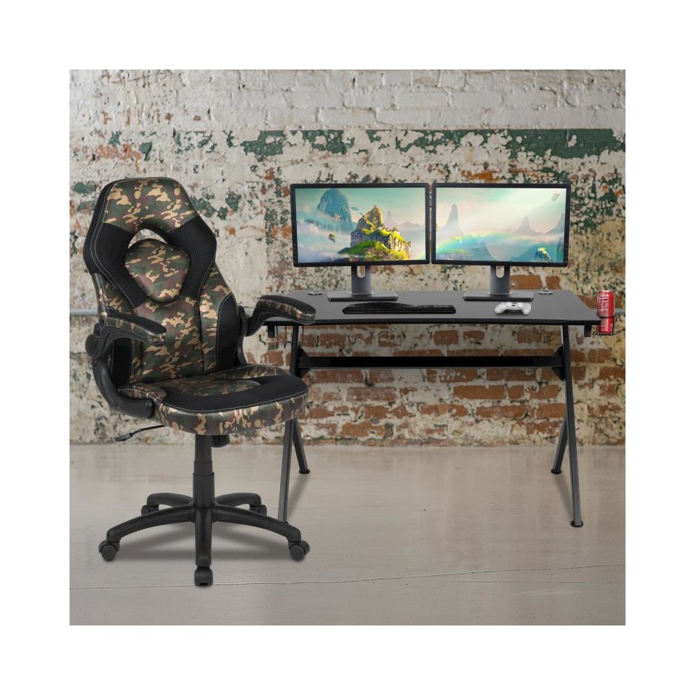 Black Gaming Desk and Camouflage/Black Racing Chair Set with Cup Holder, Headphone Hook & 2 Wire Management Holes. Picture 2