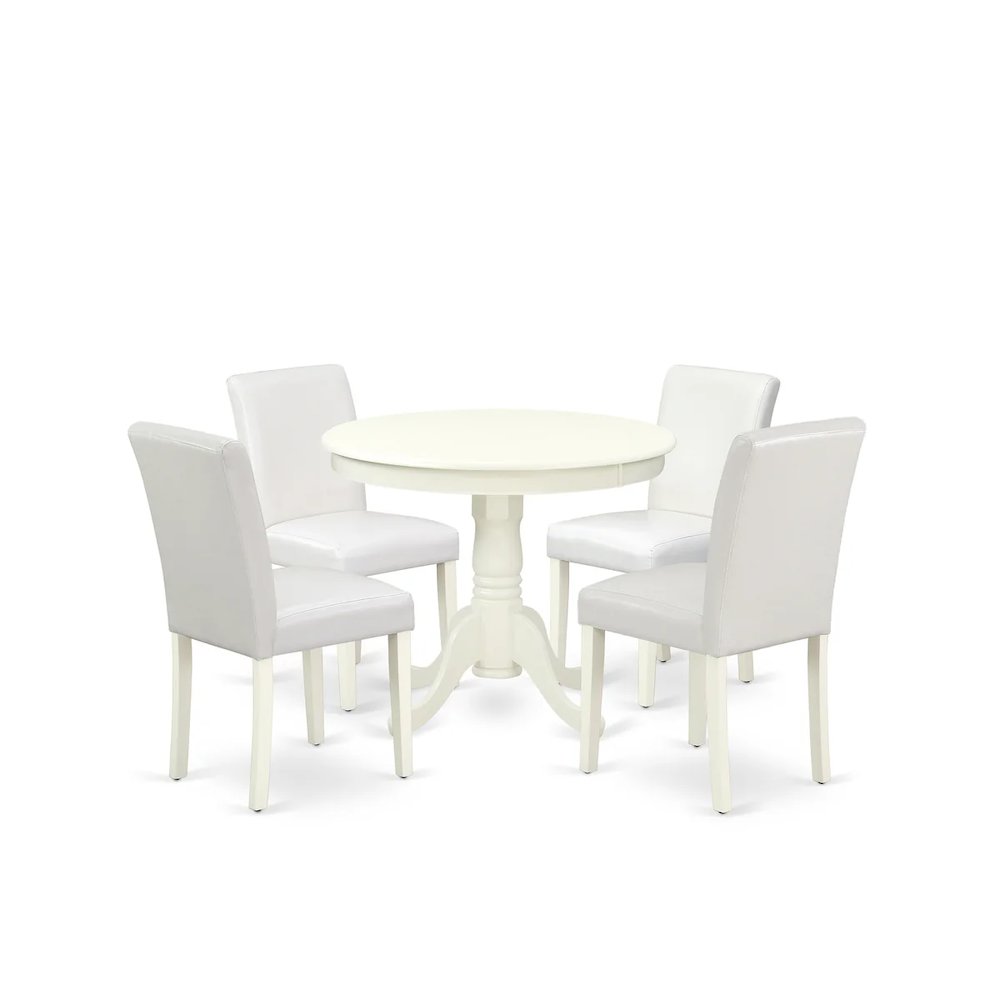 5 Piece Dining Room Table Set Includes a Round Kitchen Table with Pedestal and 4 White Faux Leather Upholstered Parson Chairs, Linen White. Picture 1