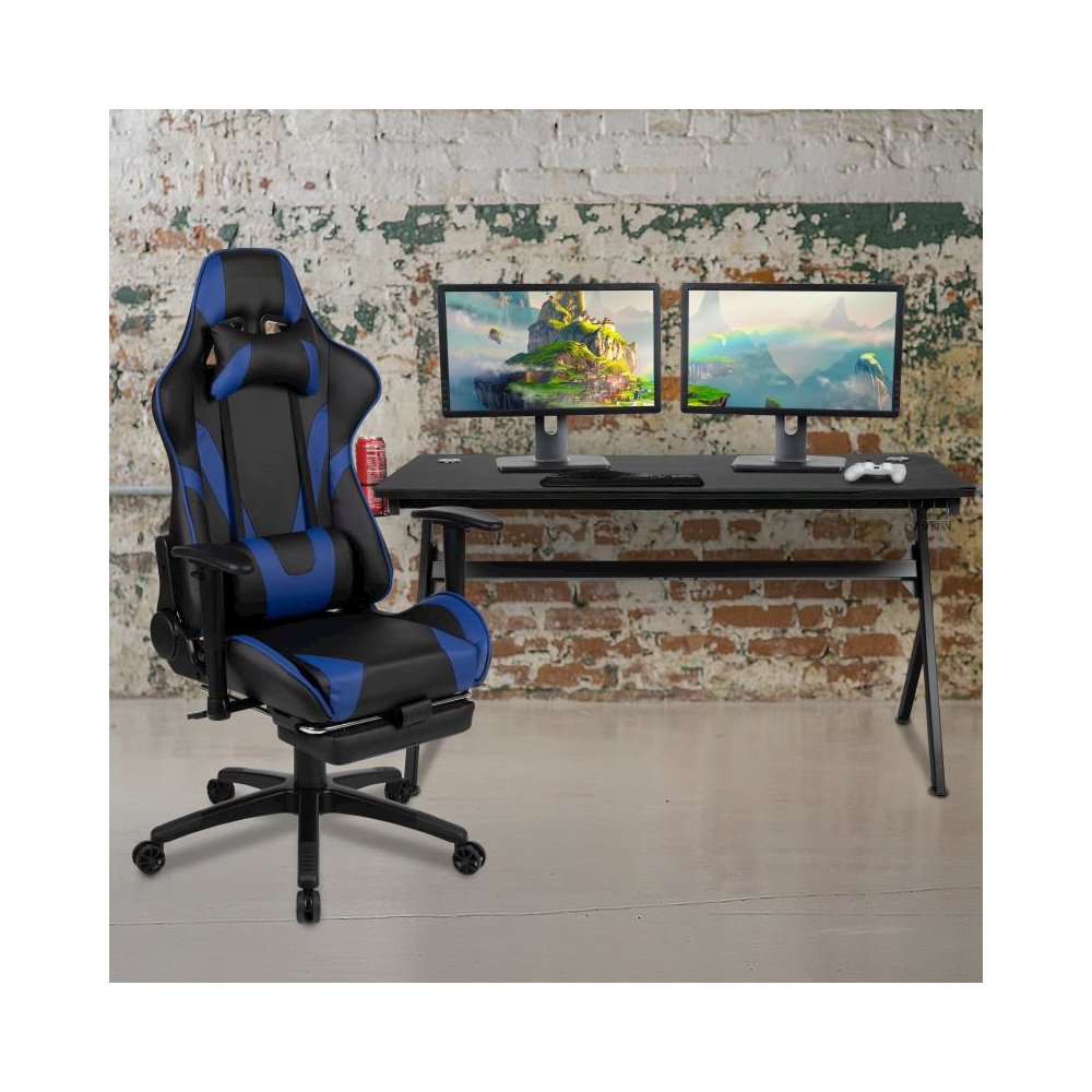 Gaming Desk and Blue Footrest Reclining Gaming Chair Set - Cup Holder/Headphone Hook/Removable Mouse Pad Top/Wire Management. Picture 2
