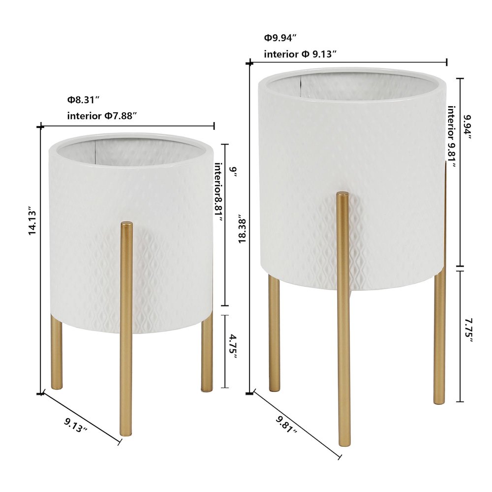 2-Piece White Round Metal Planters and Gold Stand. Picture 10