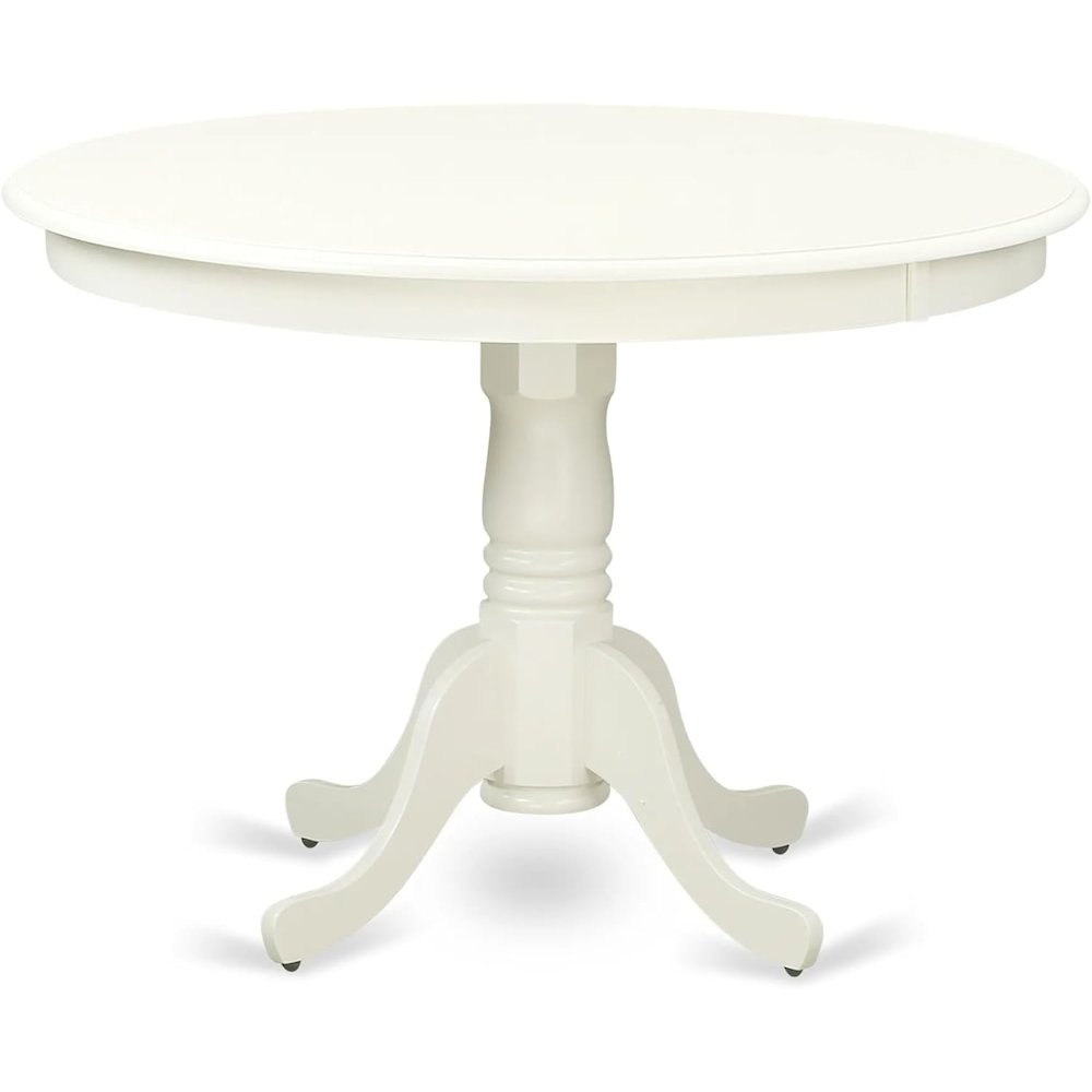 East West Furniture HLDA3-LWH-26 3 Piece Dining Room Furniture Set Includes a Round Kitchen Table with Pedestal and 2 Upholstered Parson Chairs, Small, Linen White. Picture 4