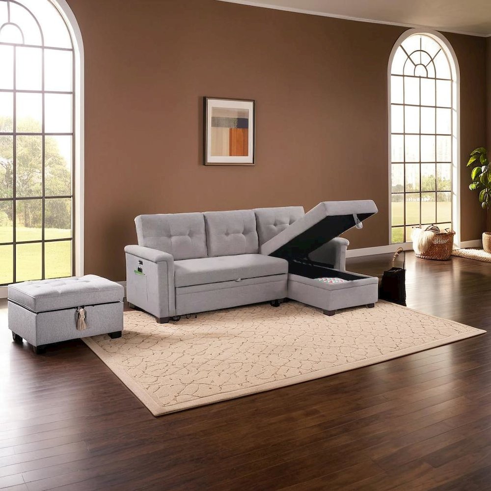 Contemporary Gray Reversible Sleeper Sectional Sofa with Storage and USB Ports. Picture 5