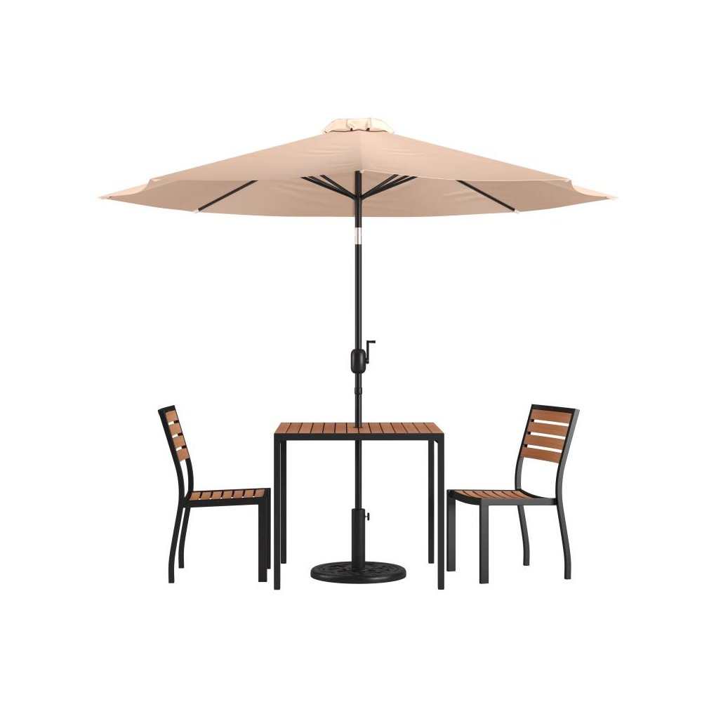 5 Piece All-Weather Deck or Patio Set with 2 Stacking Faux Teak Chairs, 35" Square Faux Teak Table, Tan Umbrella & Base. Picture 1