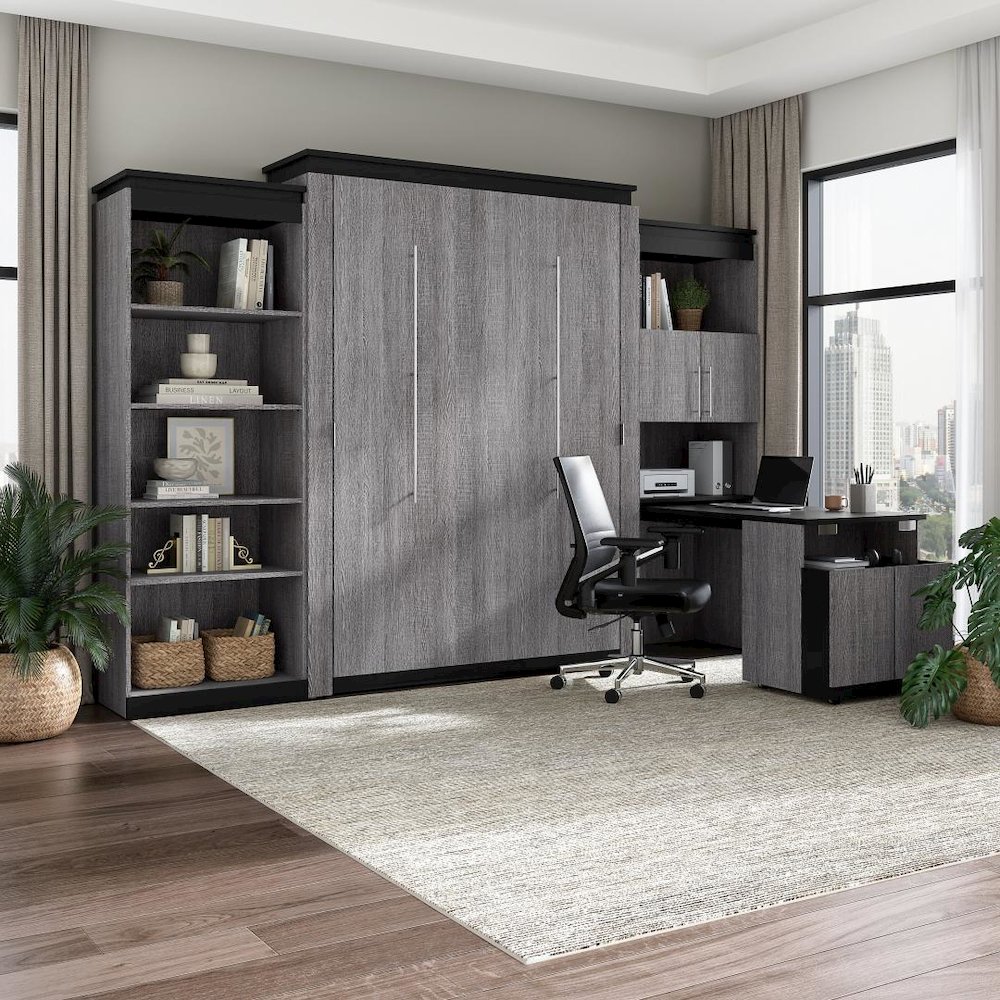 Queen Murphy Bed with Shelves and Storage Cabinet with Fold-Out Desk (126W). Picture 14