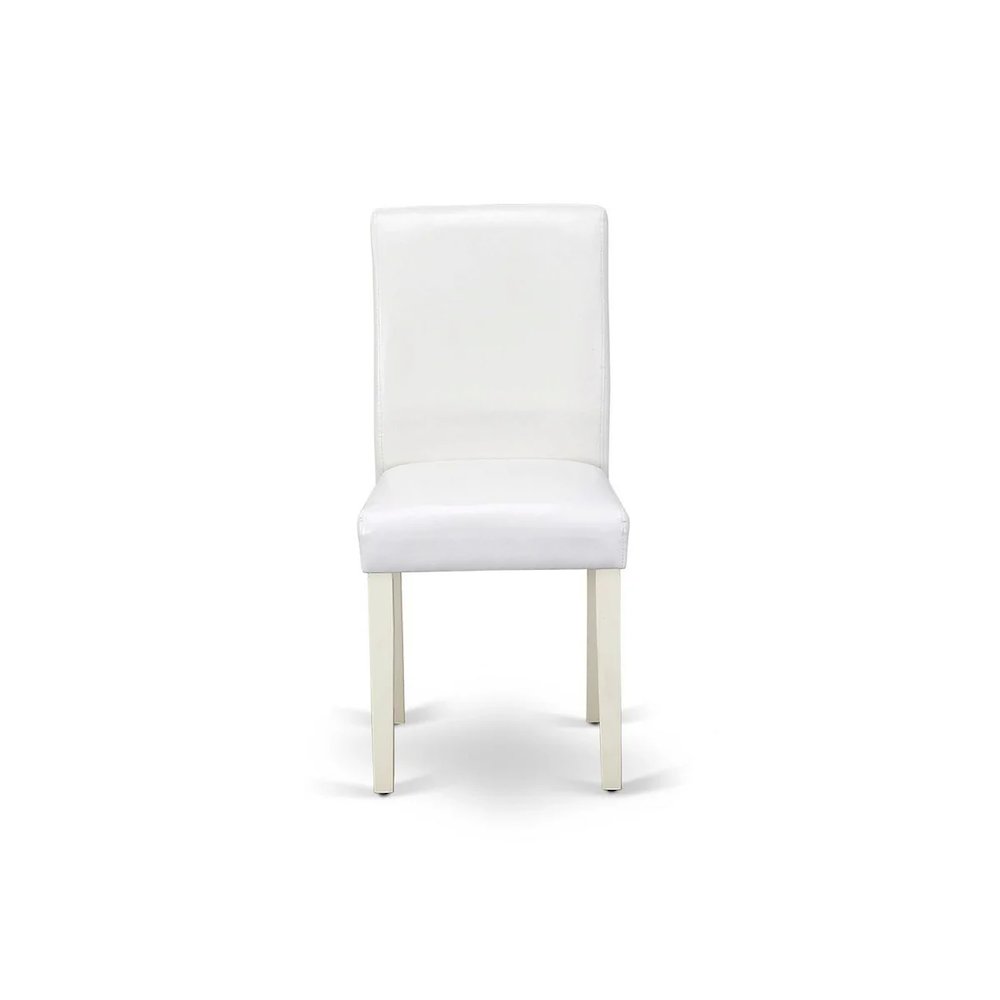 5 Piece Dining Room Table Set Includes a Round Kitchen Table with Pedestal and 4 White Faux Leather Upholstered Parson Chairs, Linen White. Picture 11