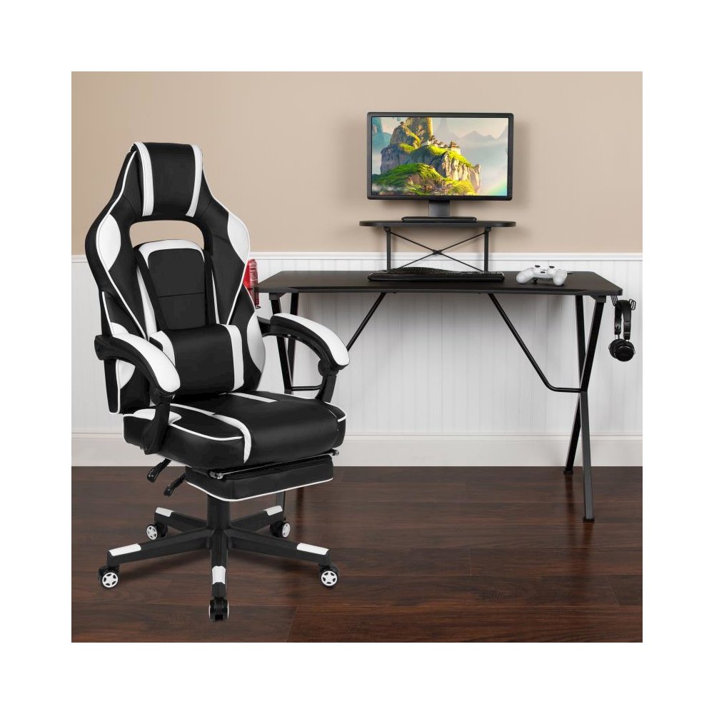 Black Gaming Desk with Cup Holder/Headphone Hook/Monitor Stand & White Reclining Back/Arms Gaming Chair with Footrest. Picture 2