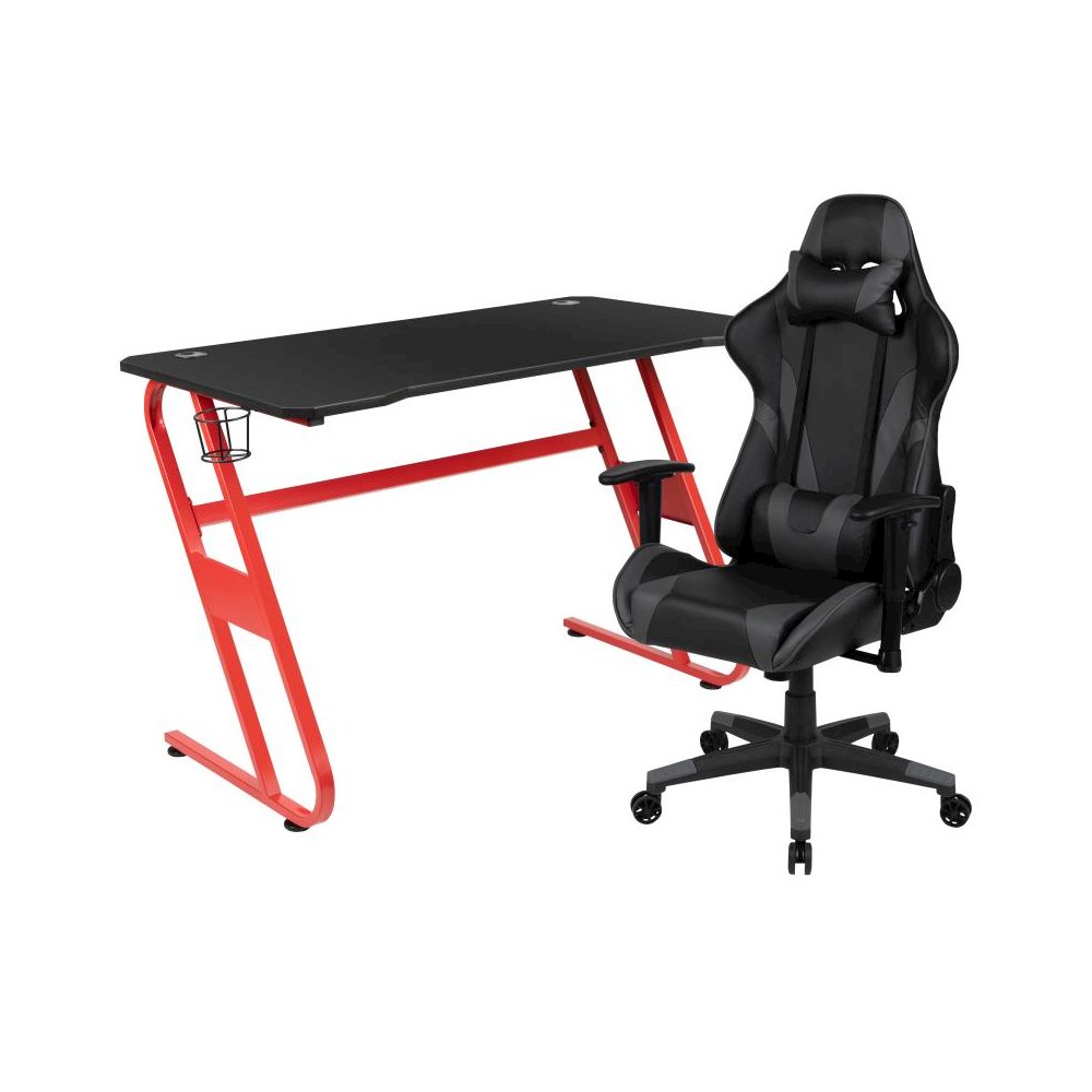 Red Gaming Desk and Gray Reclining Gaming Chair Set with Cup Holder and Headphone Hook. Picture 1