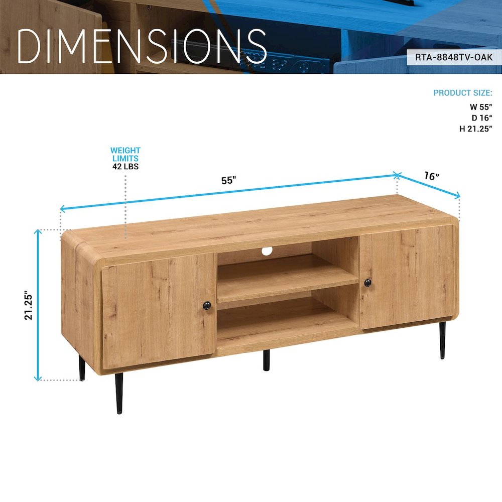 Techni Mobili Mid-Century Modern TV Stand for TV’s Up to 60”, Oak. Picture 8