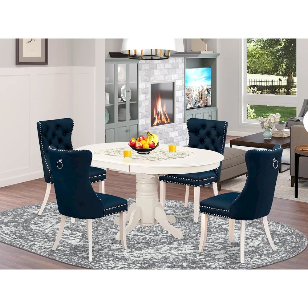 East West Furniture AVDA5-LWH-29 5 Piece Dining Set Includes an Oval Wooden Table with Butterfly Leaf and 4 Upholstered Chairs, 60x42 Inch, Linen White. Picture 5