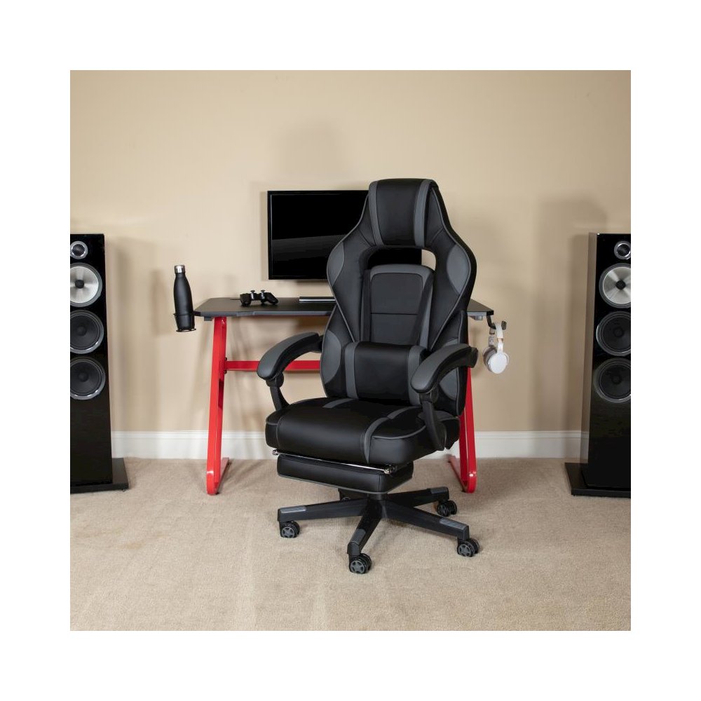 Red Gaming Desk with Cup Holder/Headphone Hook & Black Reclining Back/Arms Gaming Chair with Footrest. Picture 2