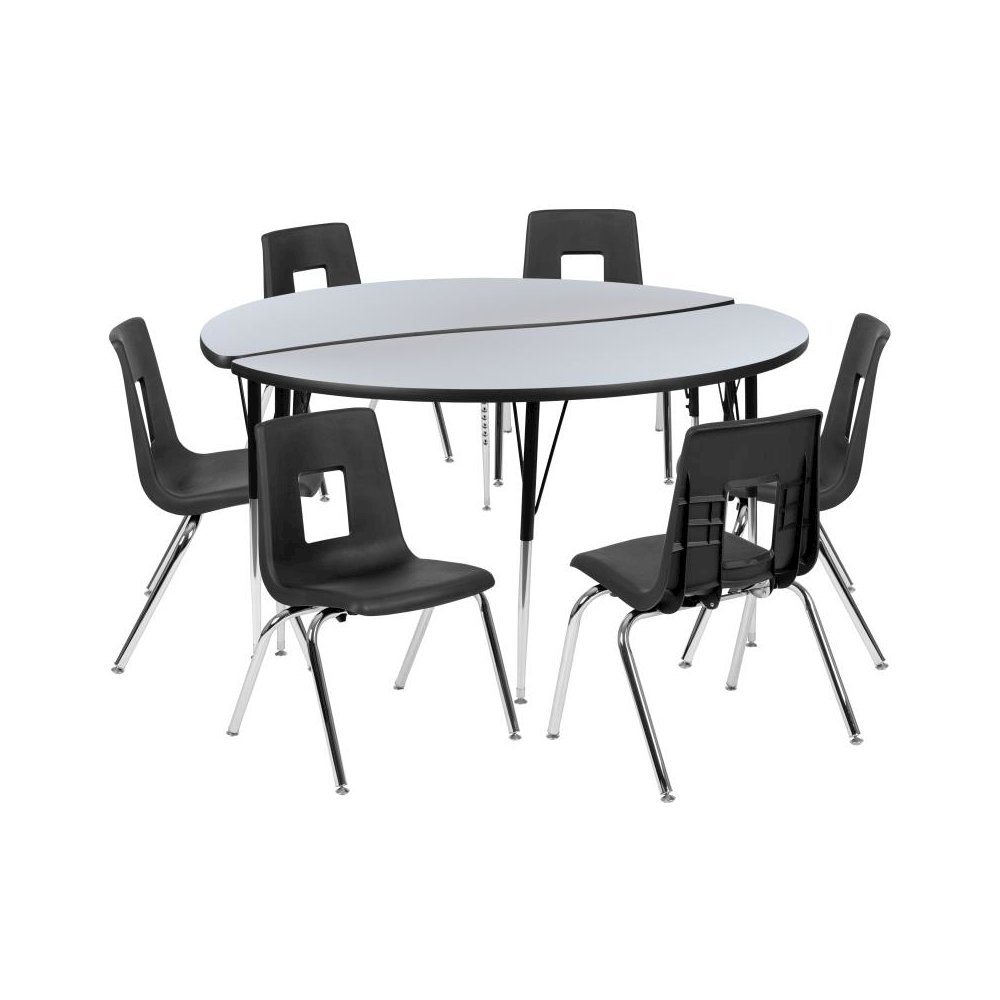 60" Circle Wave Flexible Laminate Activity Table Set with 18" Student Stack Chairs, Grey/Black. Picture 1