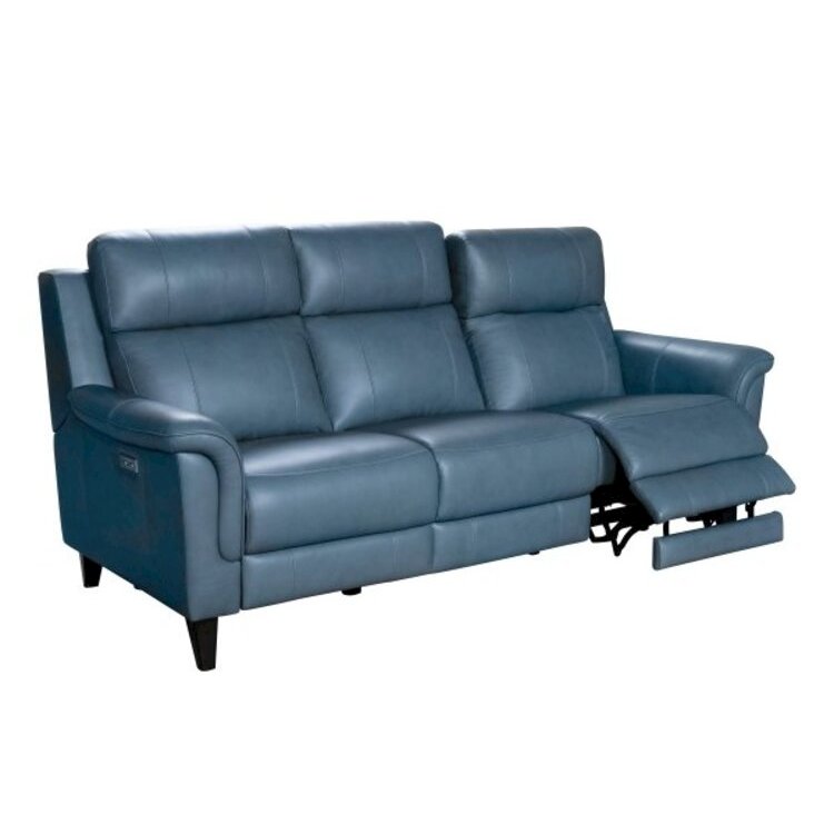 Blue Leather Power Reclining Sofa with Power Headrests and Hardwood Frame. Picture 3
