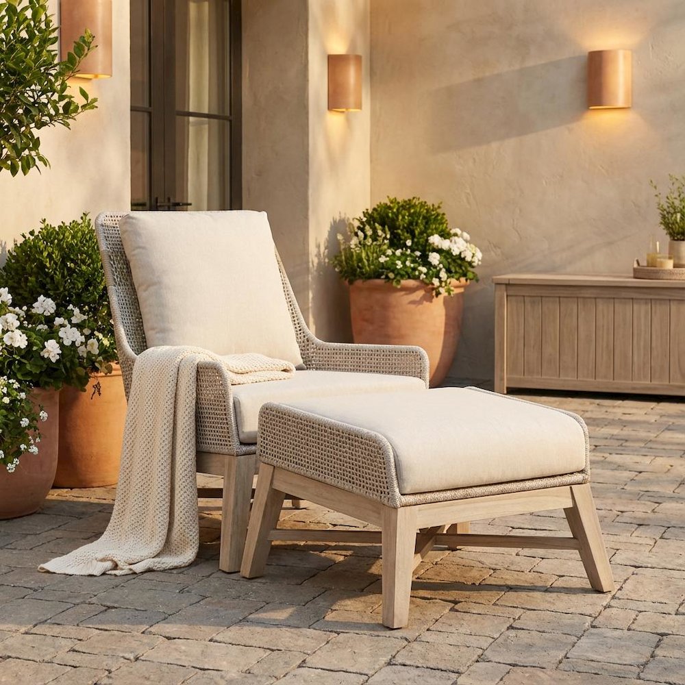 White Outdoor Footstool, Teak Base, Rope Weave, Removable Cushion. Picture 3