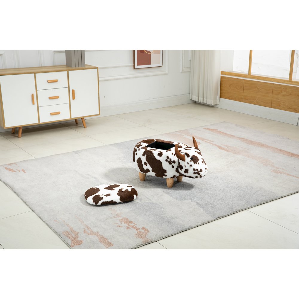 Home 2 Office Kids Spotted Brown Cow Animal Storage Ottoman Stool with Wood Leg. Picture 5