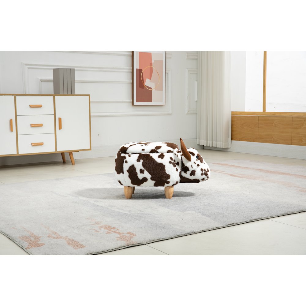 Home 2 Office Kids Spotted Brown Cow Animal Storage Ottoman Stool with Wood Leg. Picture 6