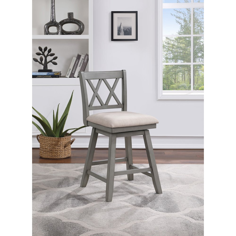 Brookline 37.5 in. Gray High Back Wood Swivel Bar Stool with Fabric Seat. Picture 4
