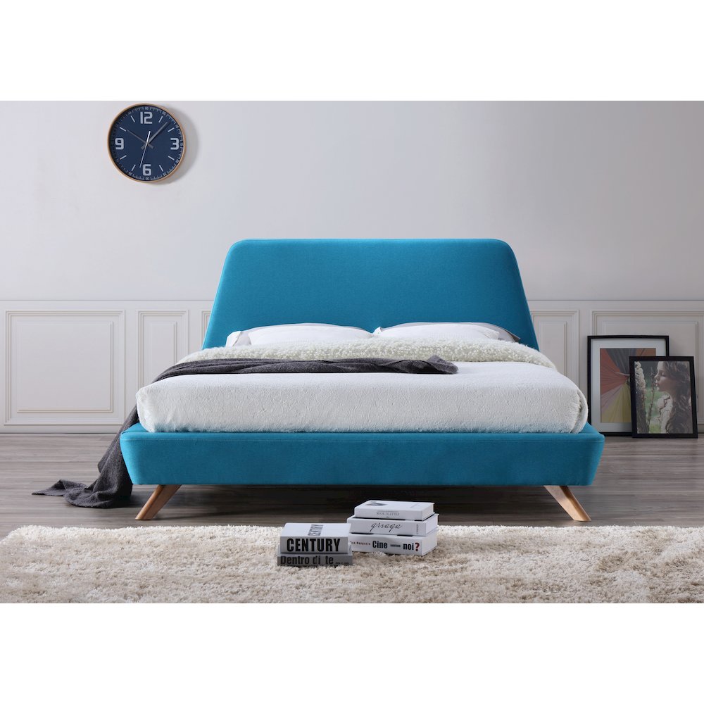 Henry Wood and Fabric Upholstered Queen Platform Bed in Blue. Picture 3