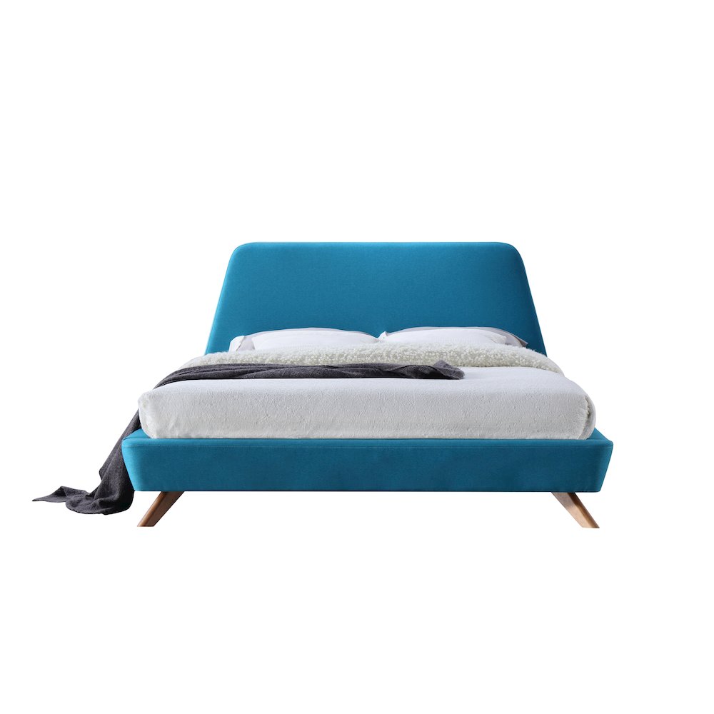 Henry Wood and Fabric Upholstered Queen Platform Bed in Blue. Picture 2
