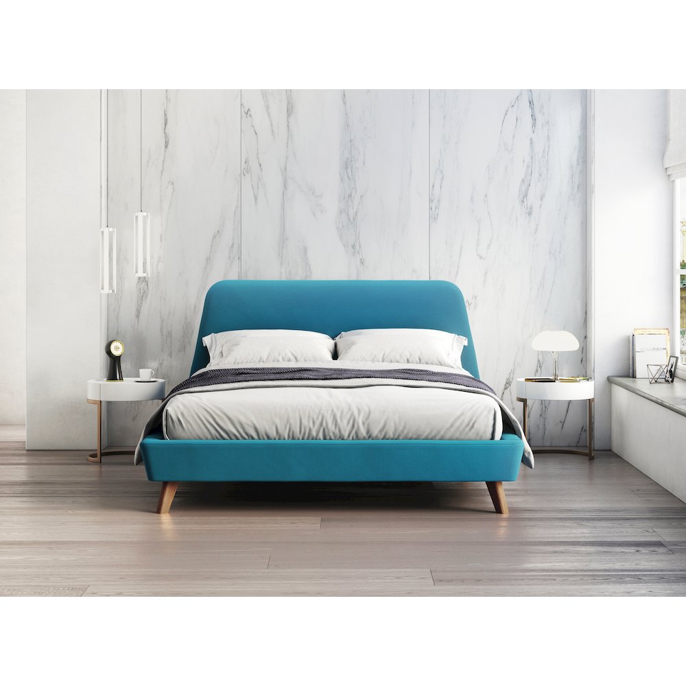 Henry Wood and Fabric Upholstered Queen Platform Bed in Blue. Picture 4
