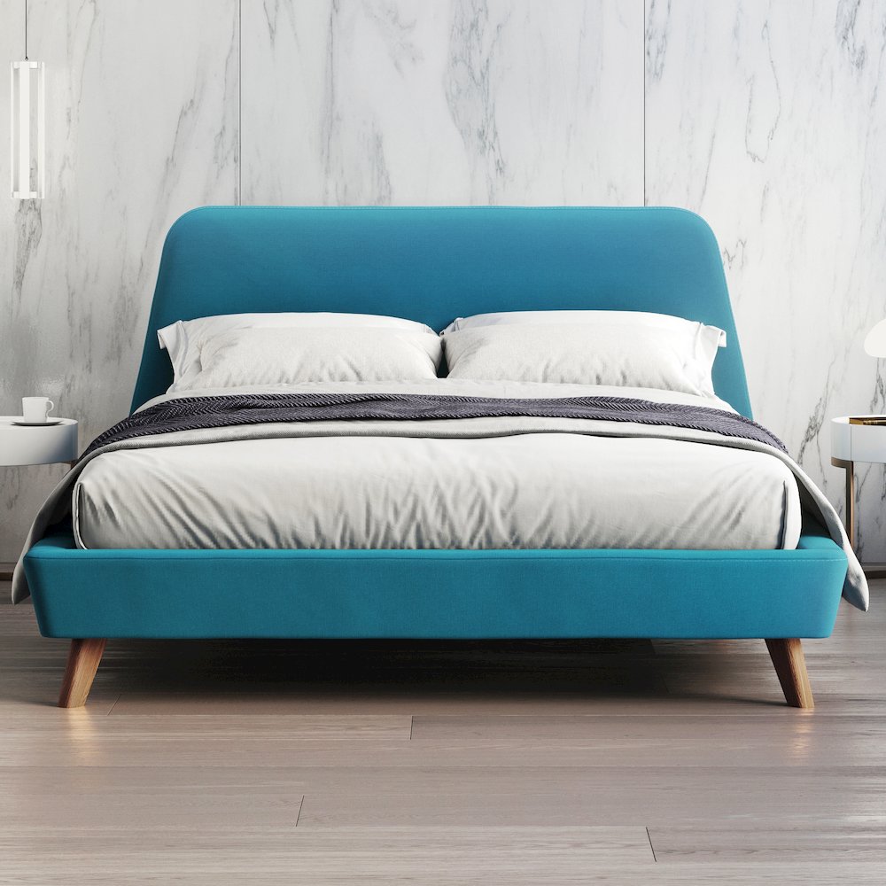 Henry Wood and Fabric Upholstered Queen Platform Bed in Blue. Picture 5