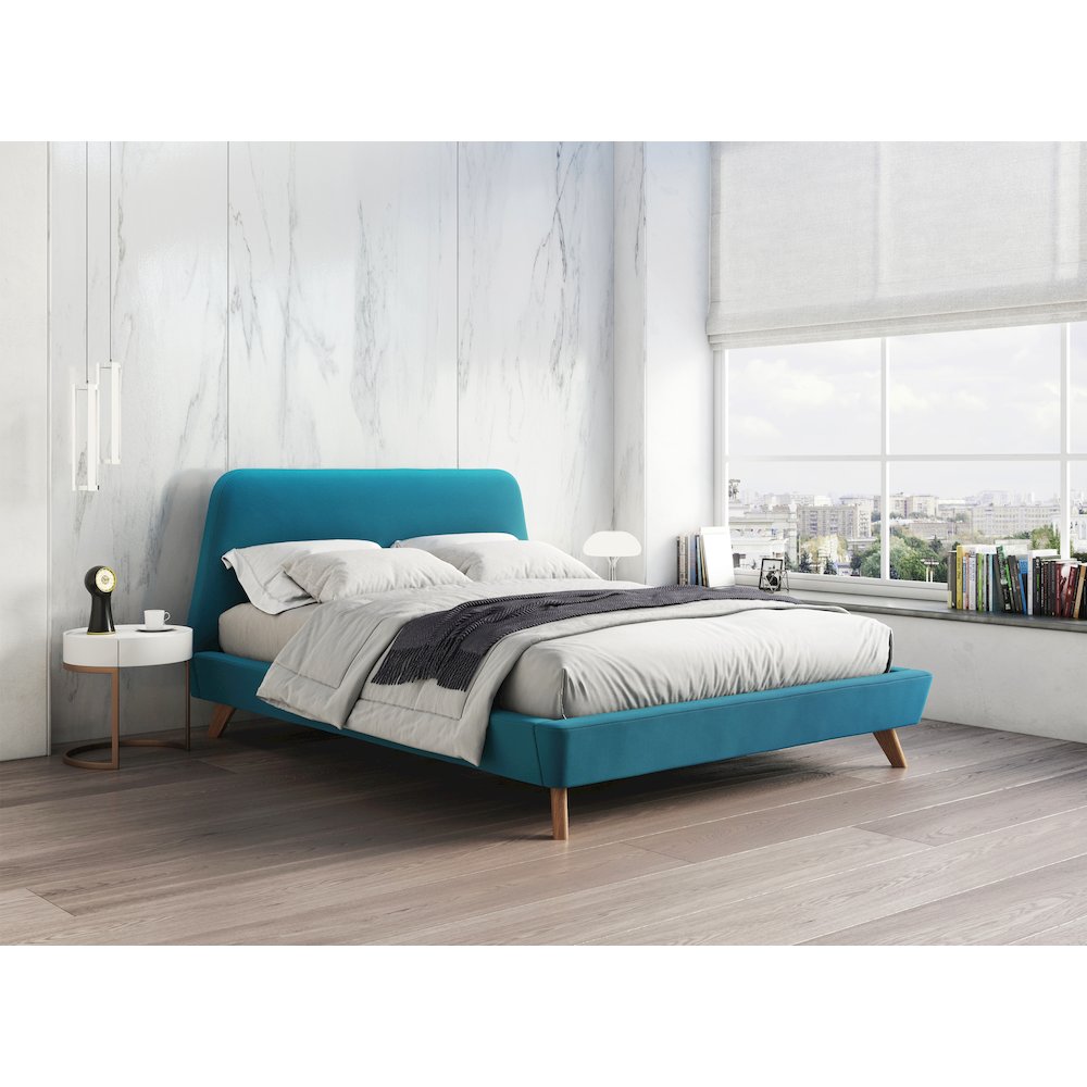 Henry Wood and Fabric Upholstered Queen Platform Bed in Blue. Picture 6