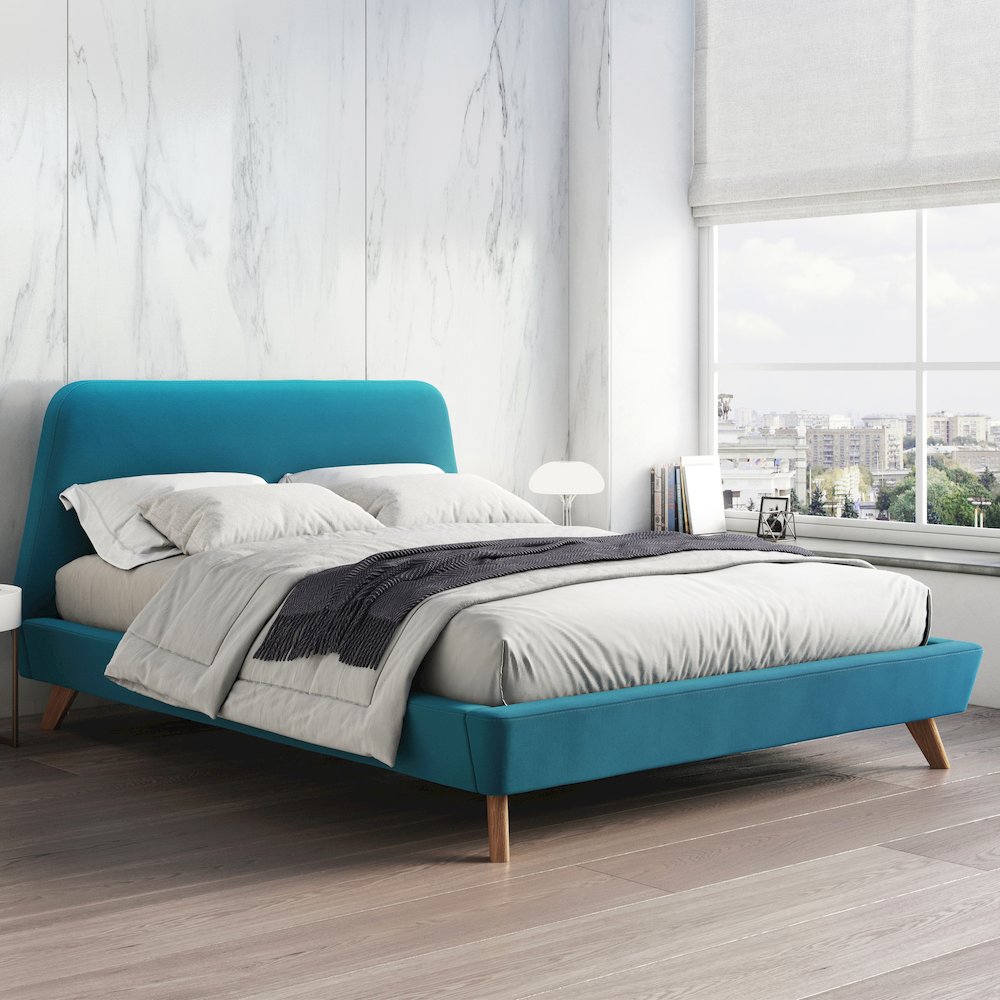 Henry Wood and Fabric Upholstered Queen Platform Bed in Blue. Picture 7