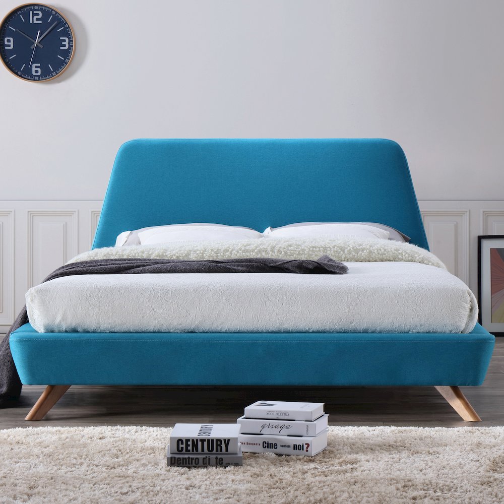 Henry Wood and Fabric Upholstered Queen Platform Bed in Blue. Picture 8