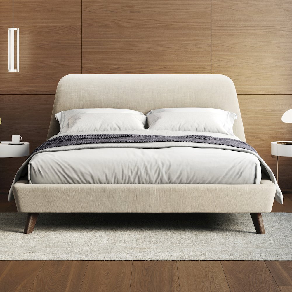 Henry Wood and Fabric Upholstered Queen Platform Bed in Beige. Picture 4
