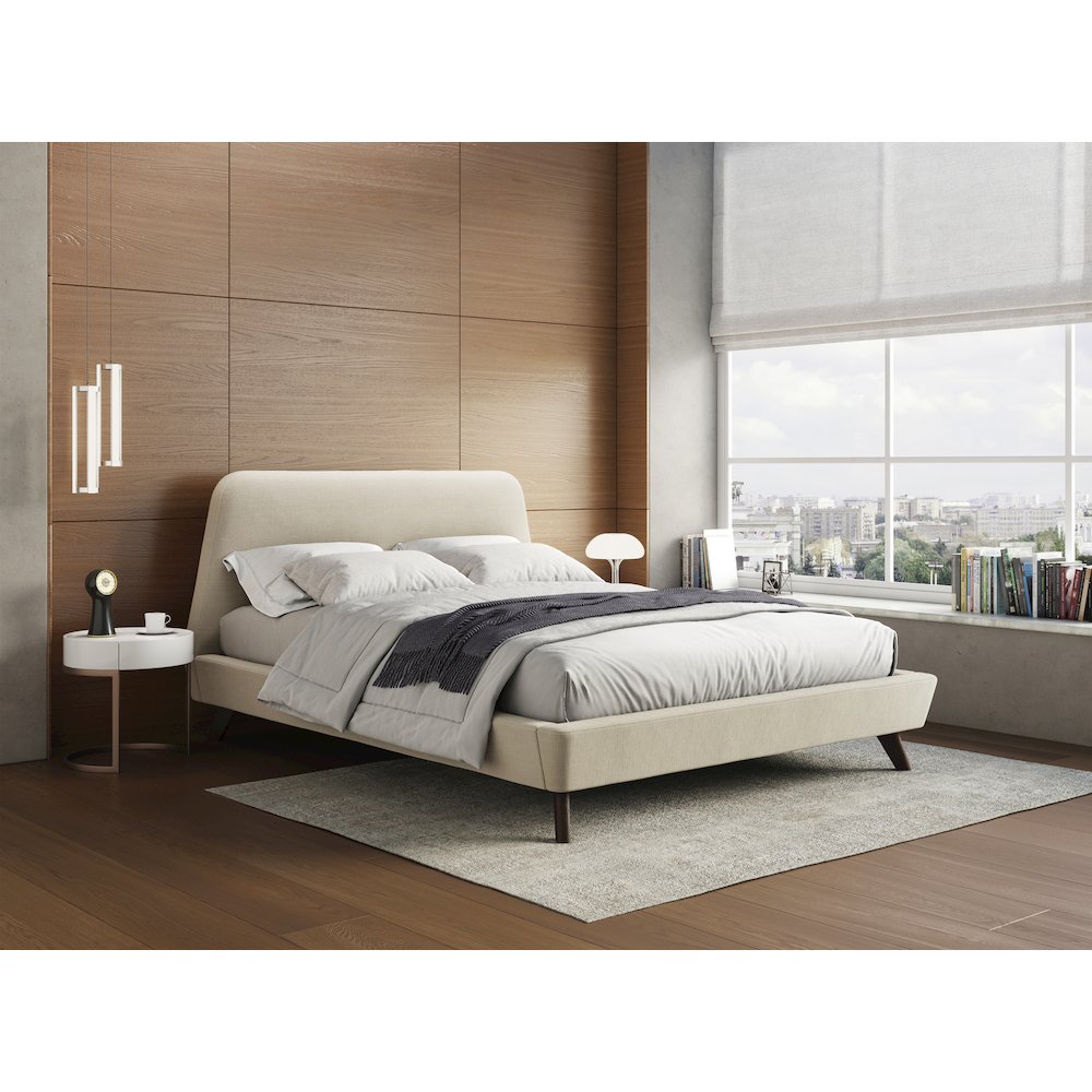 Henry Wood and Fabric Upholstered Queen Platform Bed in Beige. Picture 5