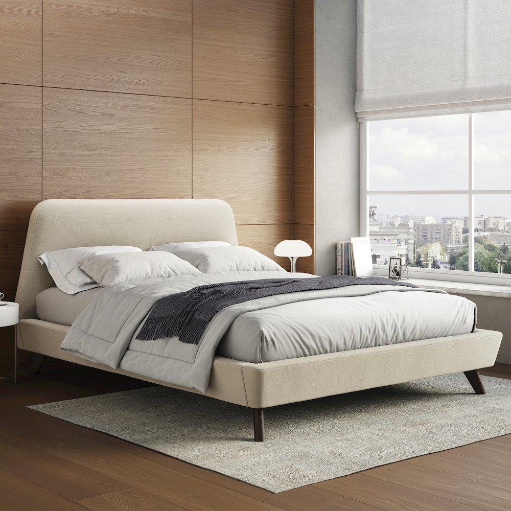 Henry Wood and Fabric Upholstered Queen Platform Bed in Beige. Picture 6