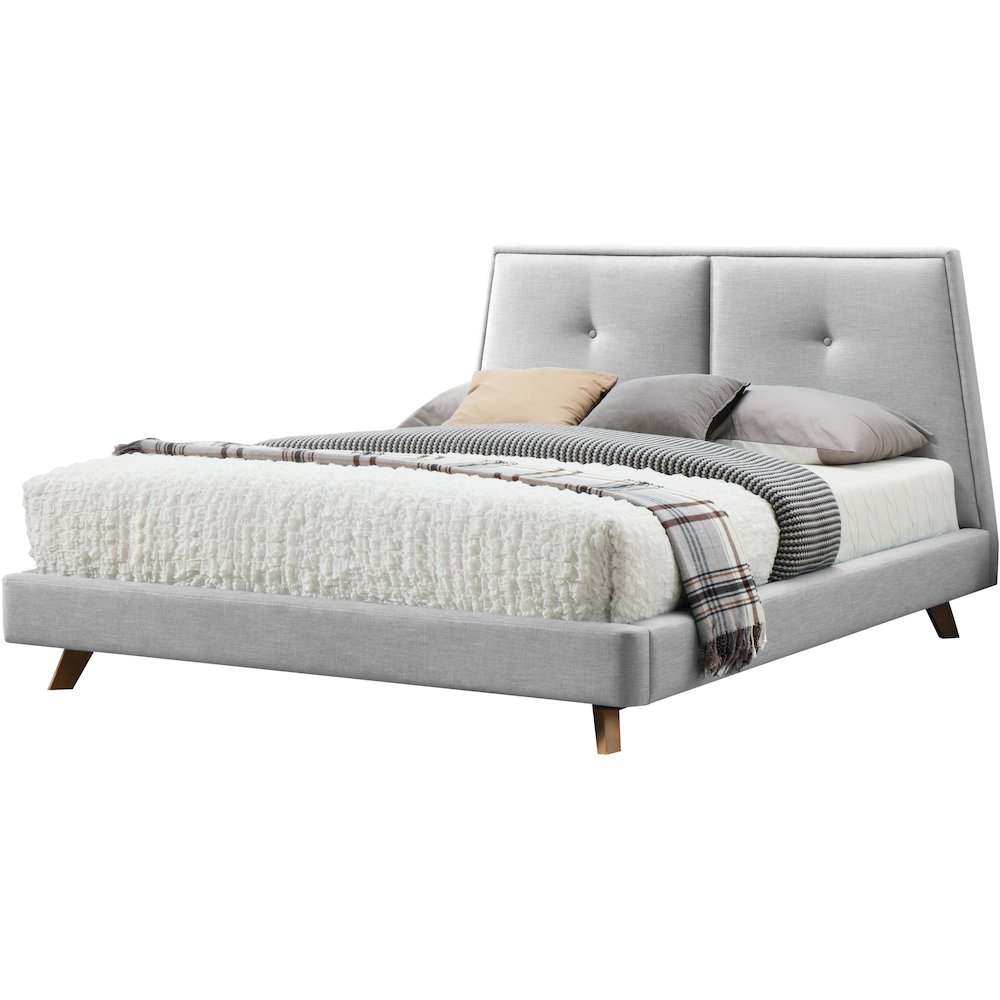 Kenzie Wood and Fabric Upholstered Queen Platform Bed in Light Gray. Picture 1