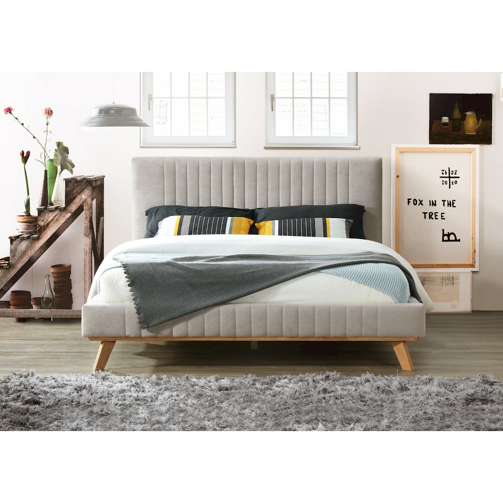 Sven Wood and Fabric Upholstered Queen Platform Bed in Taupe Gray. Picture 4