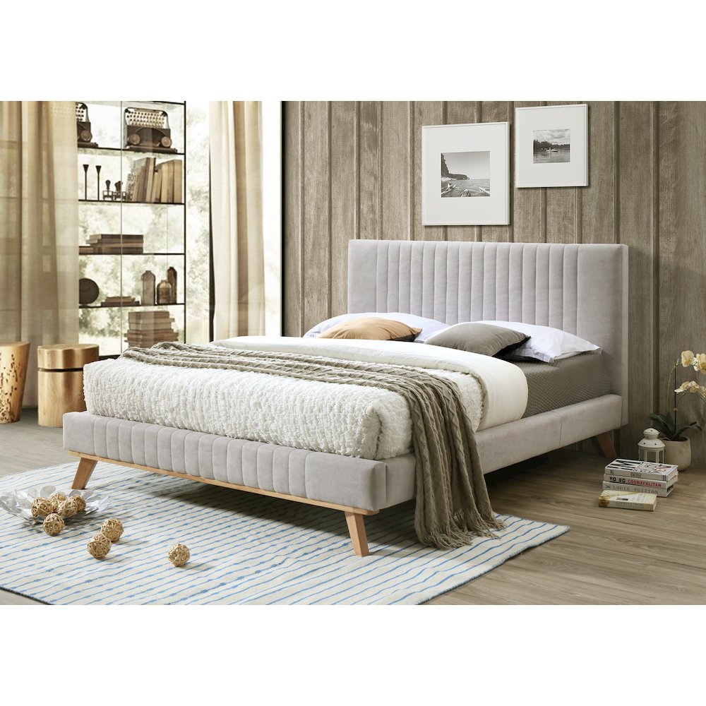 Sven Wood and Fabric Upholstered Queen Platform Bed in Taupe Gray. Picture 5