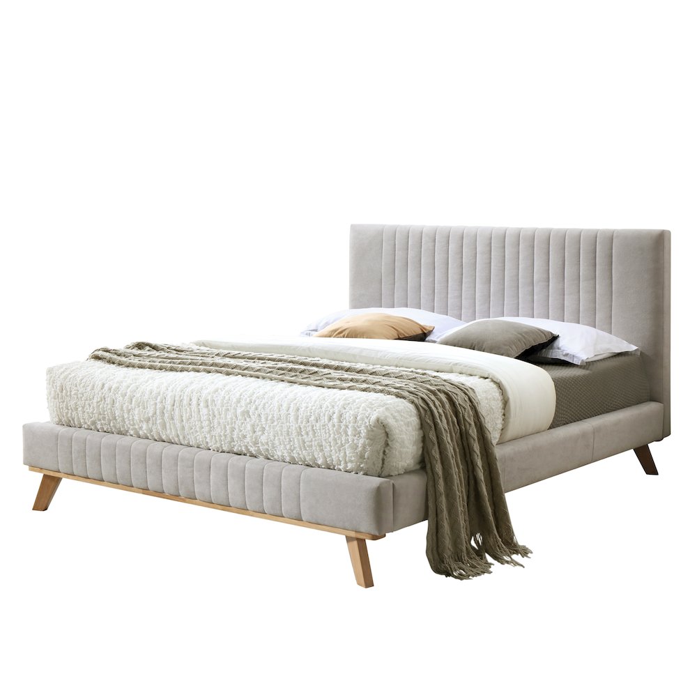 Sven Wood and Fabric Upholstered Queen Platform Bed in Taupe Gray. Picture 1