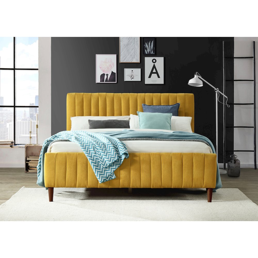 Spencer Wood/Fabric Upholstered Queen Platform Bed in Mustard Yellow. Picture 3