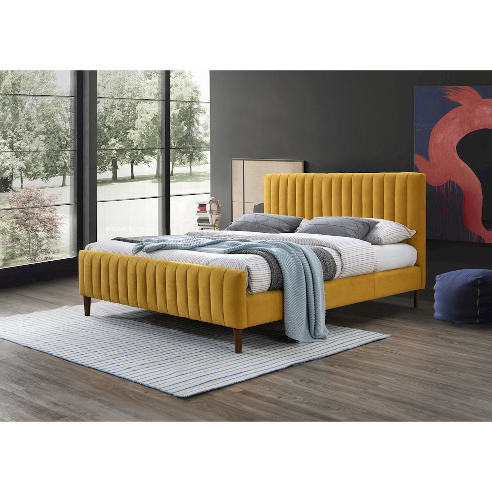 Spencer Wood/Fabric Upholstered Queen Platform Bed in Mustard Yellow. Picture 4