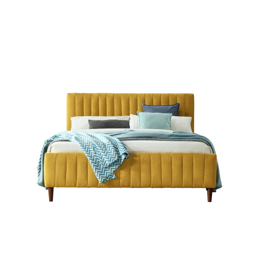 Spencer Wood/Fabric Upholstered Queen Platform Bed in Mustard Yellow. Picture 2