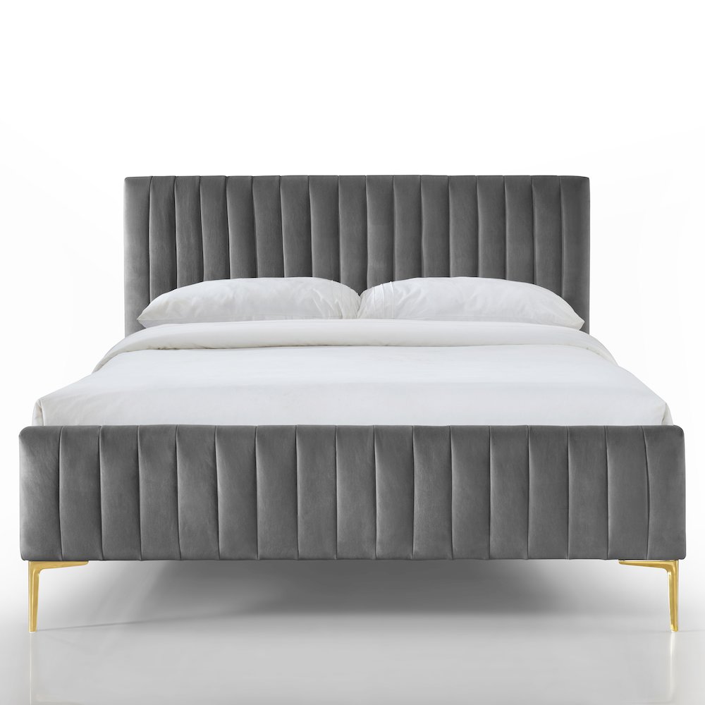 Julia Wood and Fabric Upholstered Queen Platform Bed in Charcoal. Picture 1