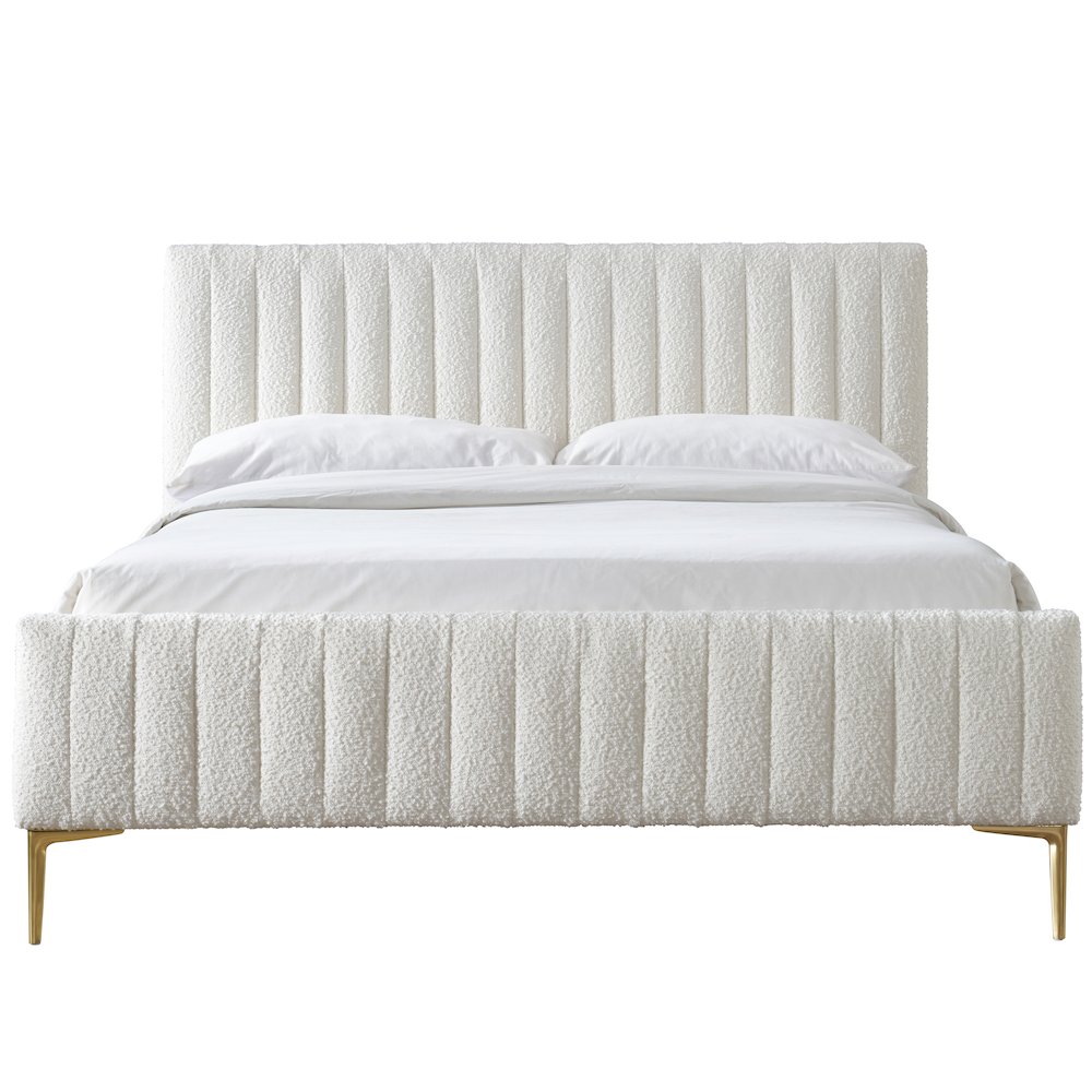 Julia Wood and Fabric Upholstered Queen Platform Bed in White Boucle. Picture 1